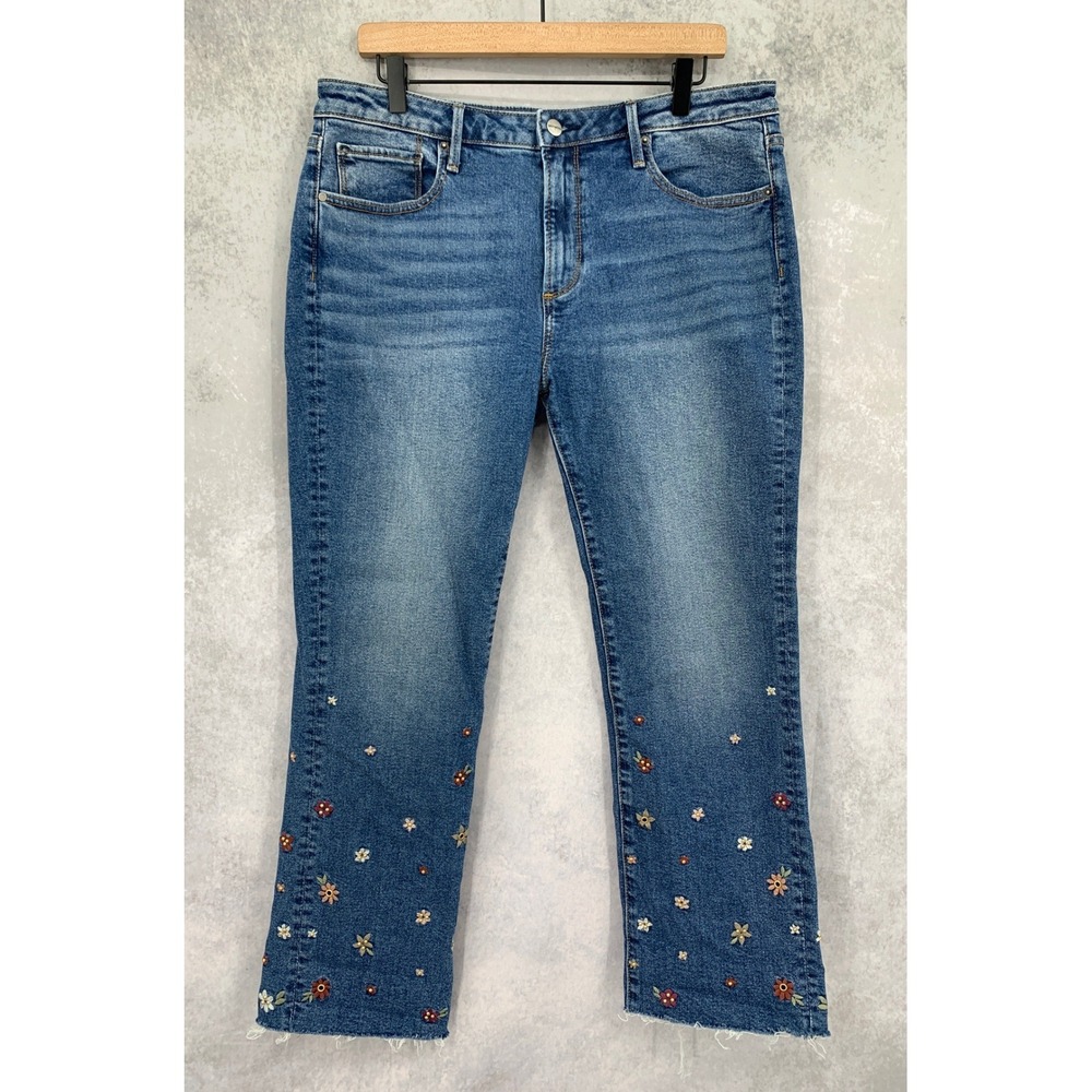 Driftwood Jeans Womens 14 Blue Colette Embroidered Floral Raw Hem Straight Leg